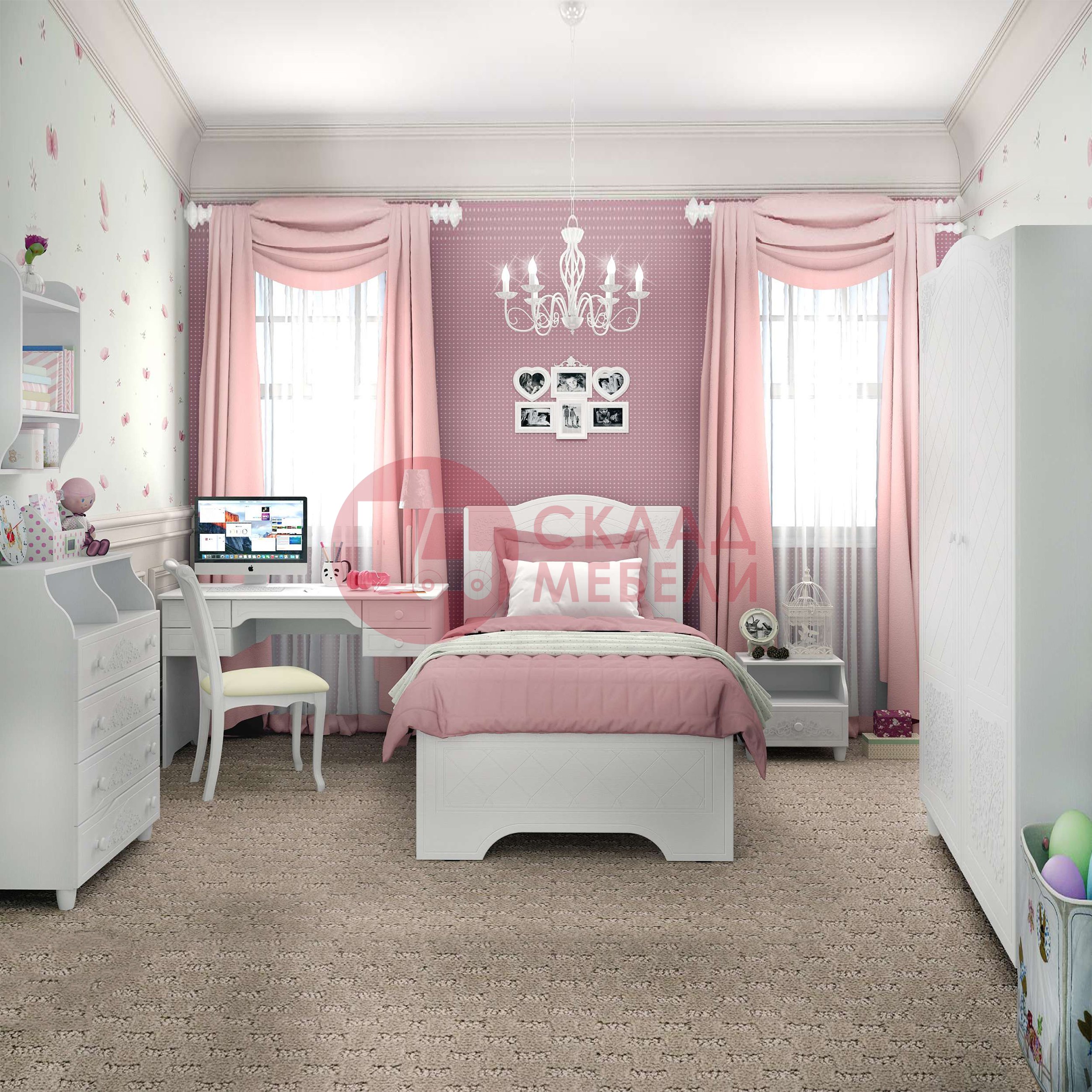 Розовая детская с белой мебелью